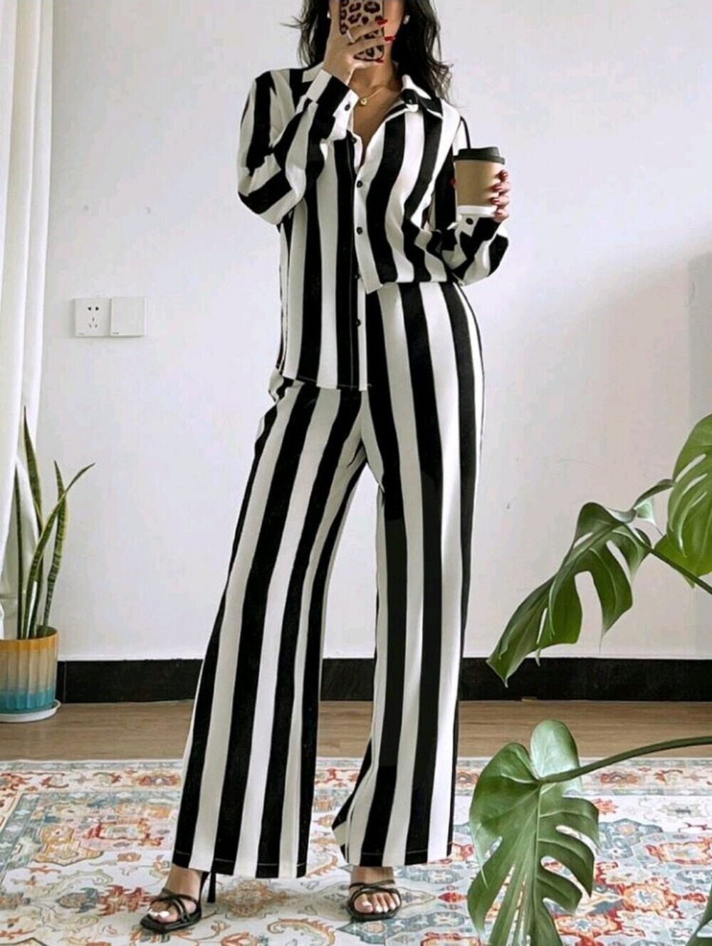 Women's French Elegant Casual, Black & White Long 2 Striped Long Pieces Set - Picture 4 of 6